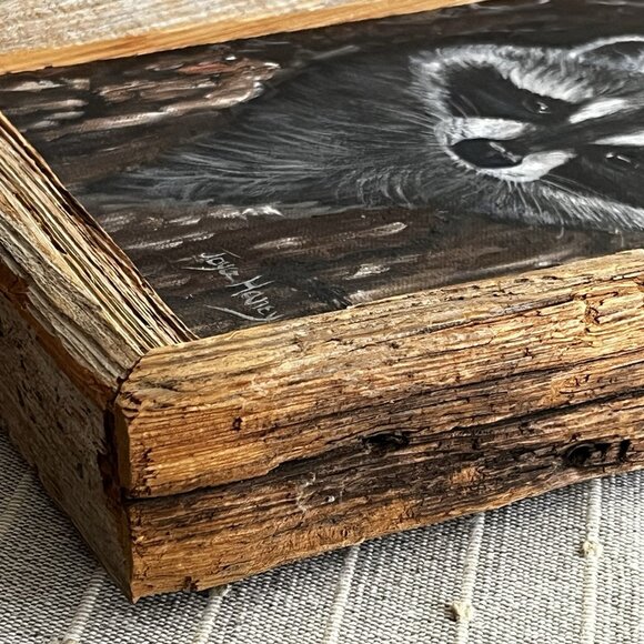 Rustic Hand Painted Raccoon Adorable Folk Art Barn Wood artist signed Handmade - Picture 4 of 14